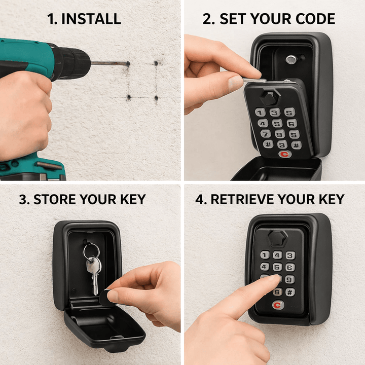 Metal weatherproof key safe box for outdoor home security. Protects spare keys from elements.