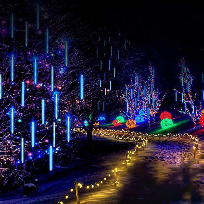 Bright LED icicle-style meteor lights, 125cm, suitable for outdoor Christmas or garden decor.
