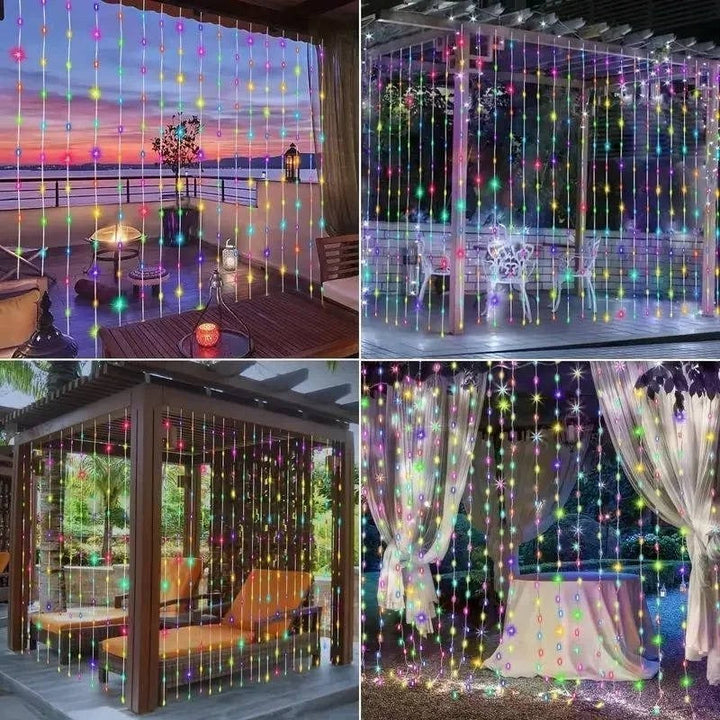 Close-up of warm white LED solar curtain lights, ideal for outdoor patio and garden ambiance lighting, no wiring.