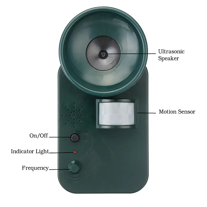 Battery powered ultrasonic animal repeller for effective and humane outdoor pest control.