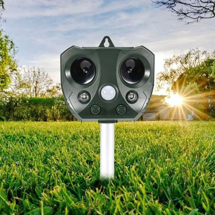 Outdoor ultrasonic bird & pest repeller. Solar-powered, motion sensor, weatherproof for humane garden control.