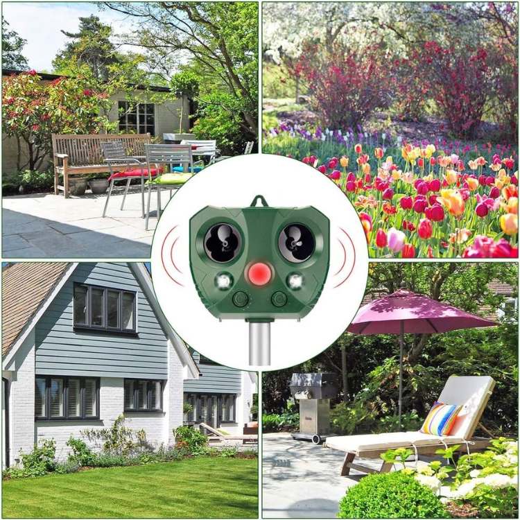 High-tech outdoor ultrasonic bird scarer. Motion activated pest control for yards, solar powered & humane.