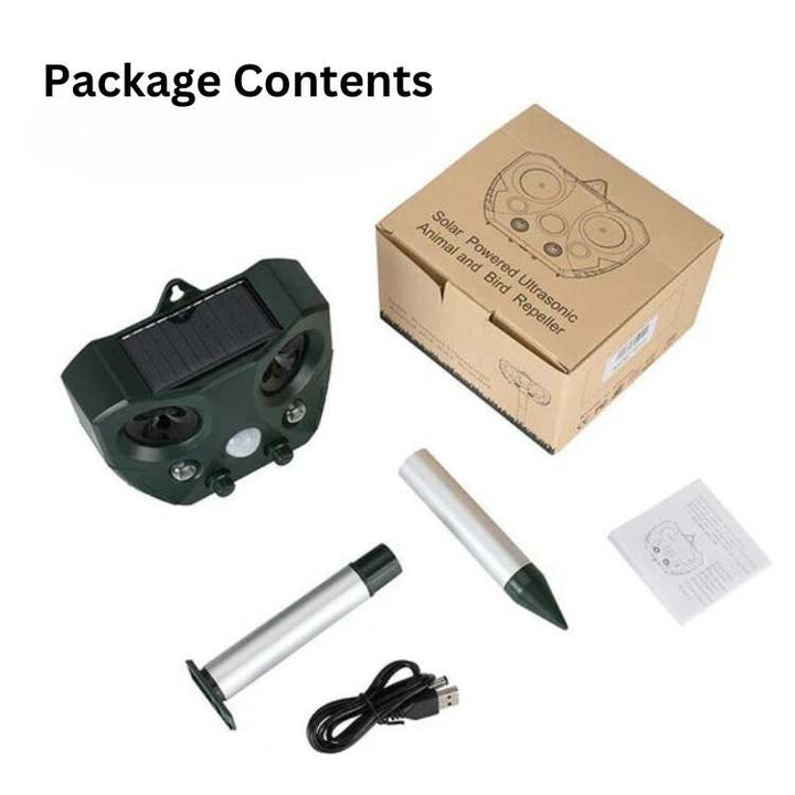 Compact outdoor ultrasonic animal deterrent. Weatherproof, solar-powered bird scarer with motion sensor for pest control.