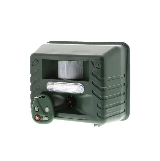 Outdoor ultrasonic bird repeller, solar powered, protecting gardens from woodpeckers & pigeons.