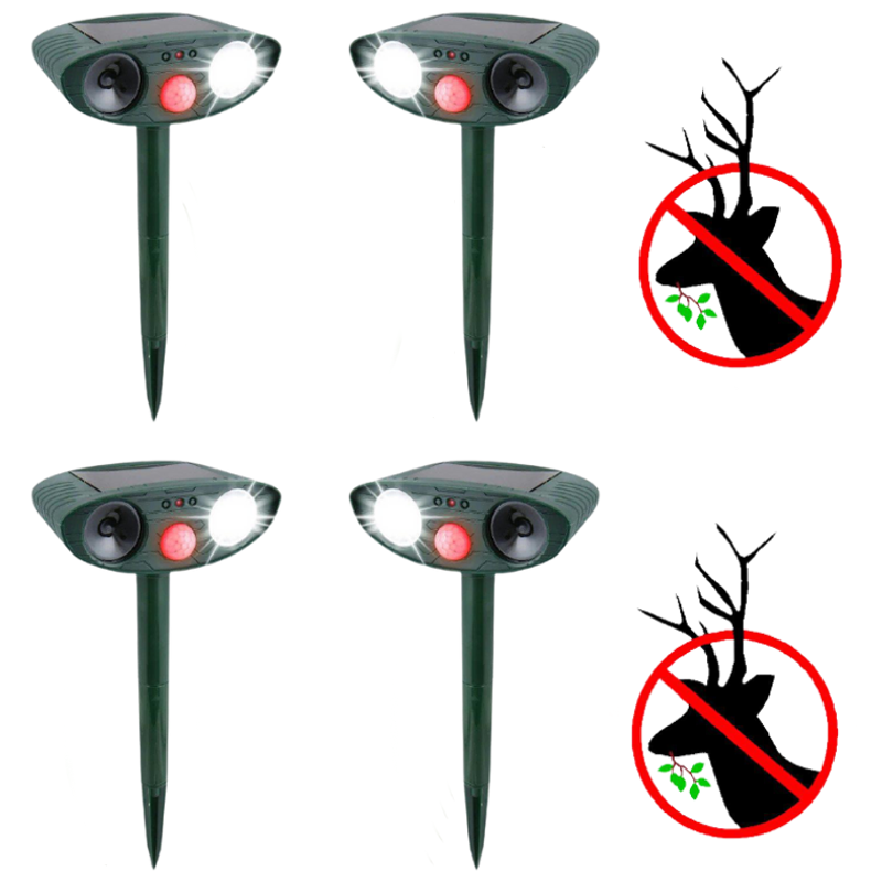 Outdoor ultrasonic deer repeller, solar powered for humane garden & yard pest control.