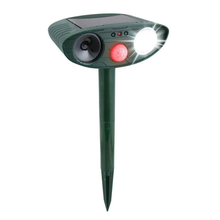 Mounted ultrasonic deer repeller, solar powered for humane outdoor animal deterrent.
