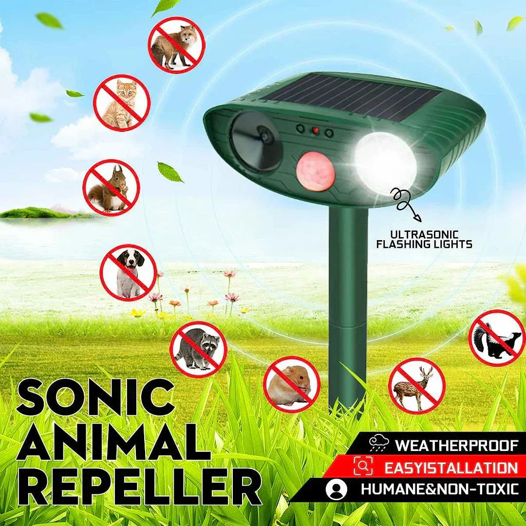 Solar ultrasonic deer repeller protects gardens & yards from wildlife. Humane animal deterrent.
