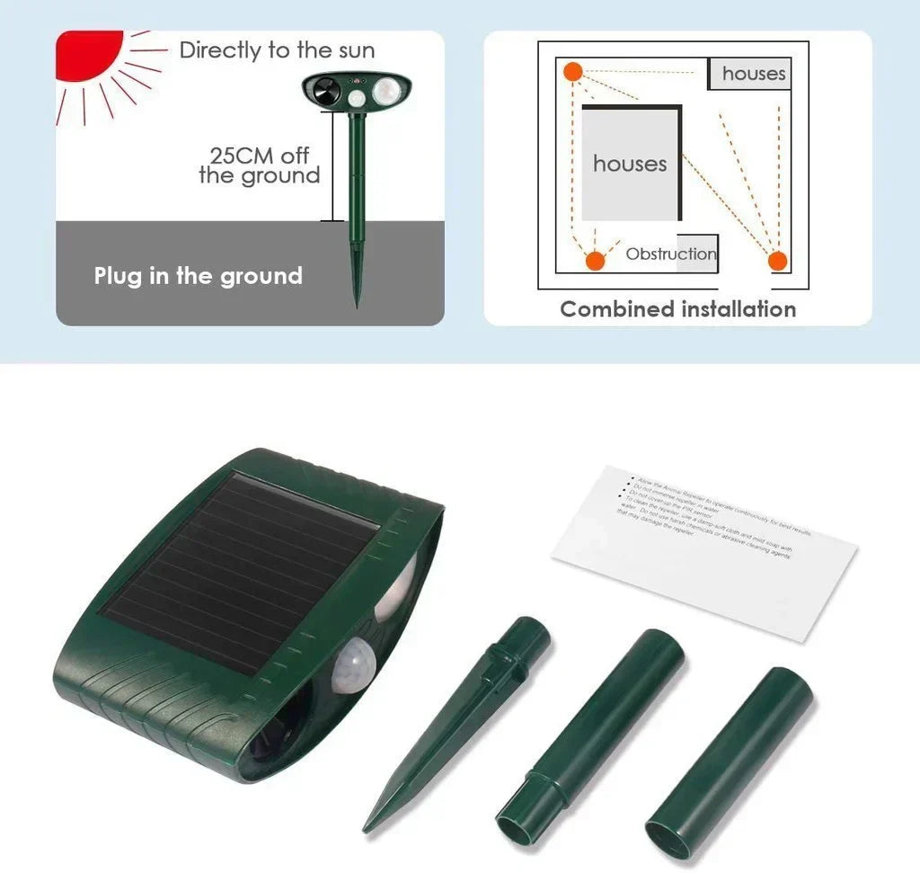 Humane ultrasonic deer repeller protecting a lush garden. Solar-powered outdoor animal deterrent.