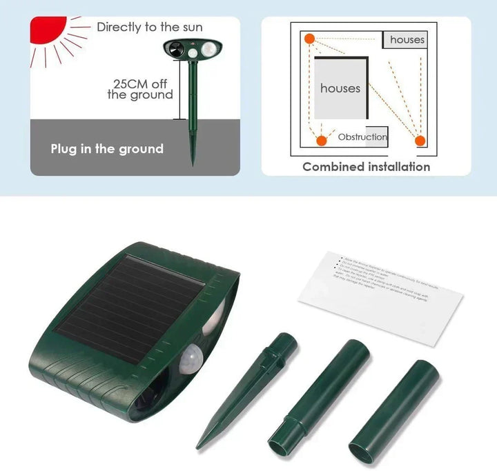 Humane ultrasonic deer repeller protecting a lush garden. Solar-powered outdoor animal deterrent.