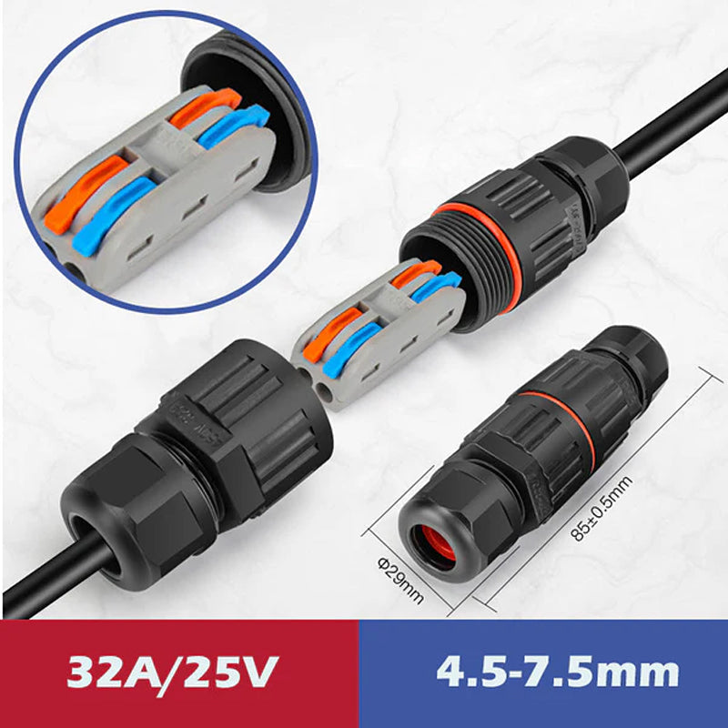 Compact outdoor electrical connector, weatherproof and safe for DIY electrical projects.
