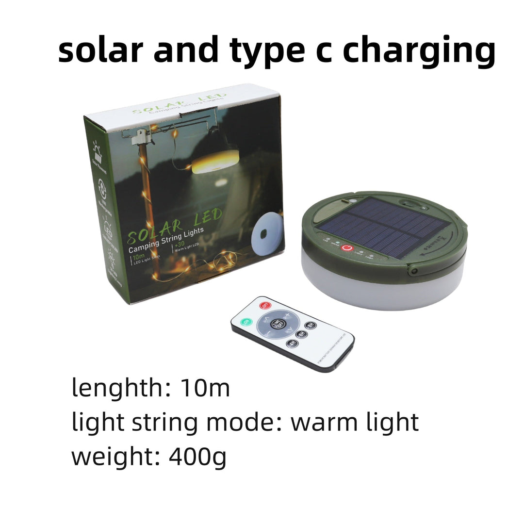 Portable string lights for patio, garden, or camping, waterproof, solar-powered, easy setup.