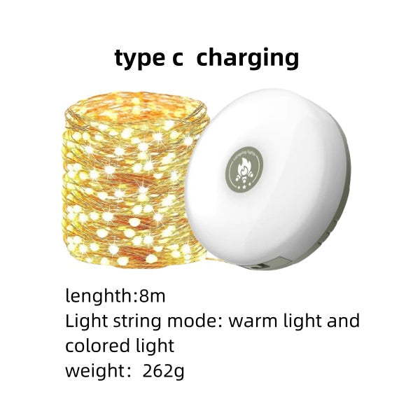 Waterproof string lights with solar charging, compact & portable, ideal for all outdoor activities.