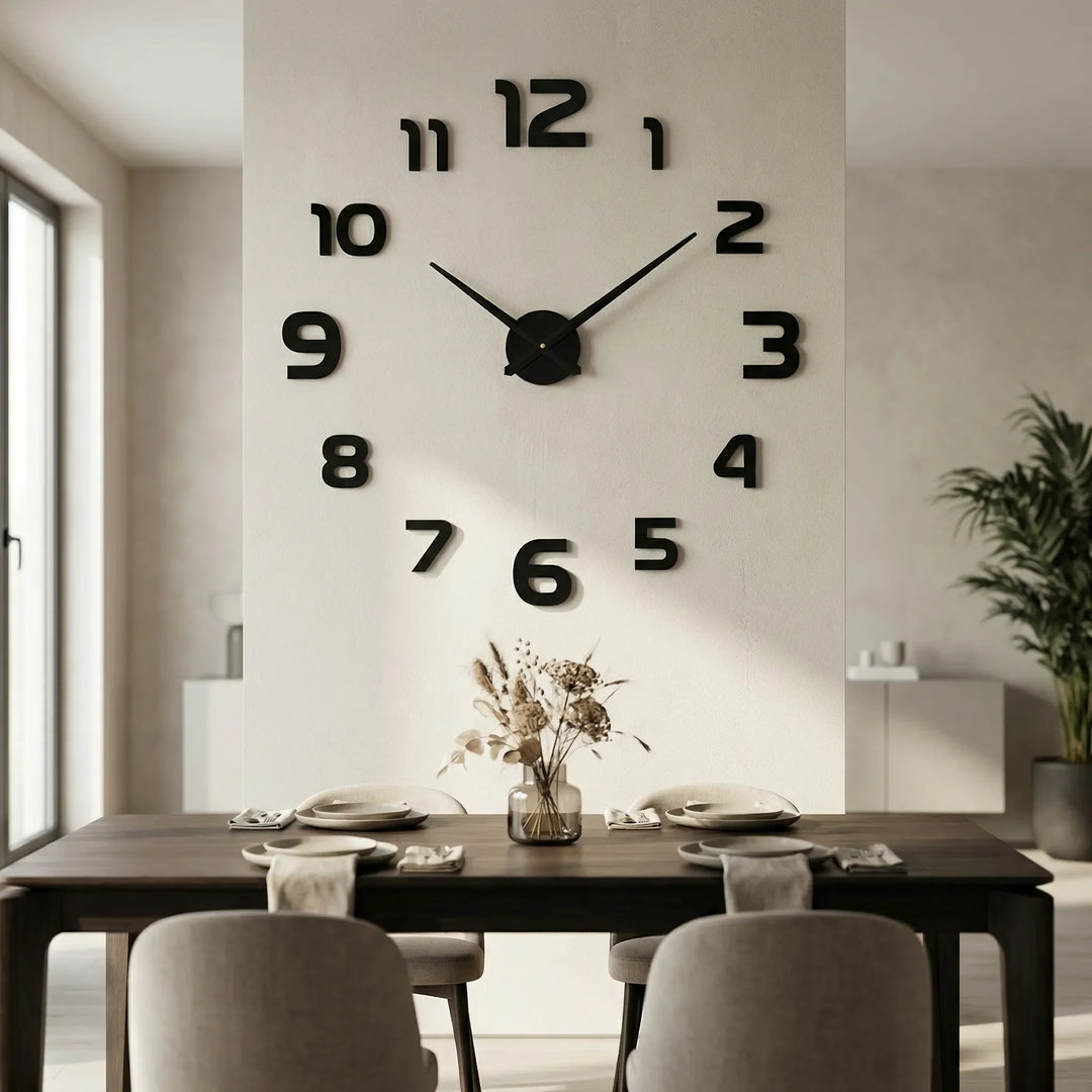Oversized modern wall clock, silent mechanism for contemporary living room decor.