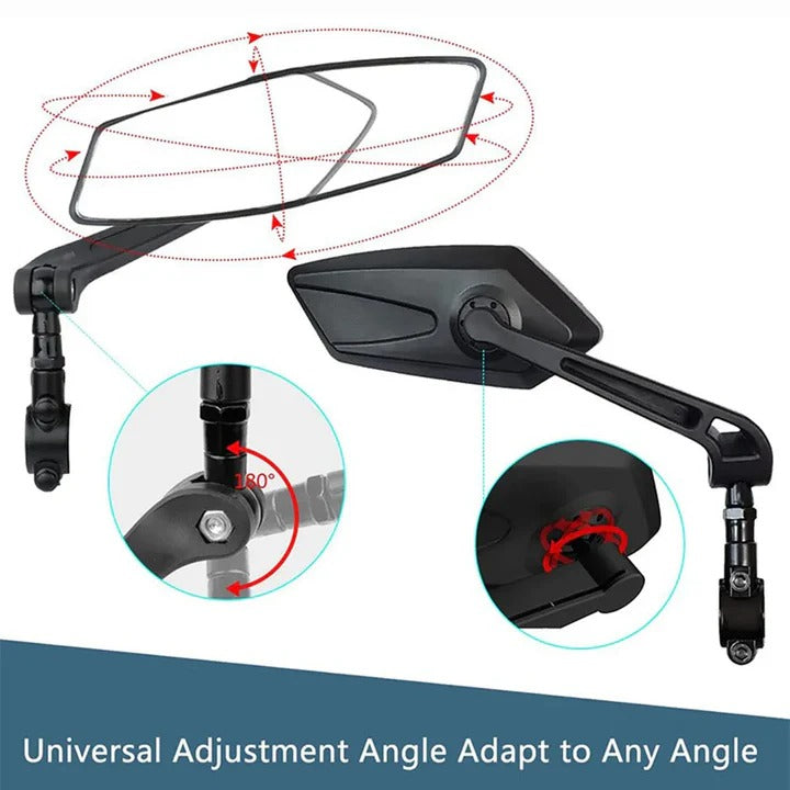 Versatile 2-pack bike & scooter handlebar mirrors with 360° swivel for full, clear rearview and safety.