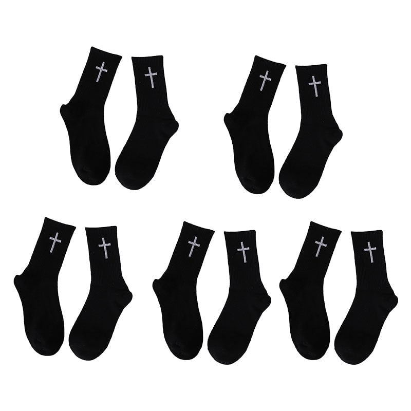 Fashionable black ankle socks with repeat white cross pattern, unisex and breathable cotton