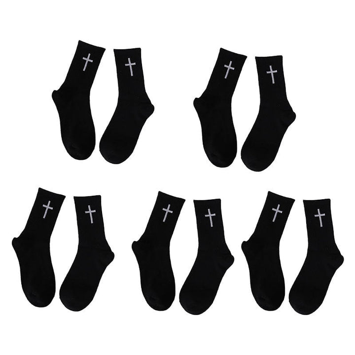 Fashionable black ankle socks with repeat white cross pattern, unisex and breathable cotton
