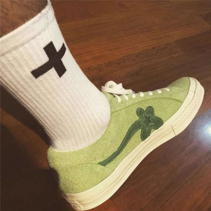 Stylish black and white cross pattern ankle socks for unisex adults, soft cotton material