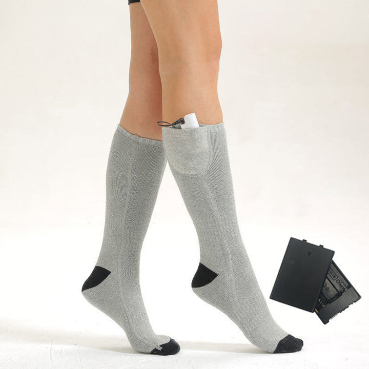 Unisex electric socks on a person's feet, comfortable and warm, suitable for all genders.