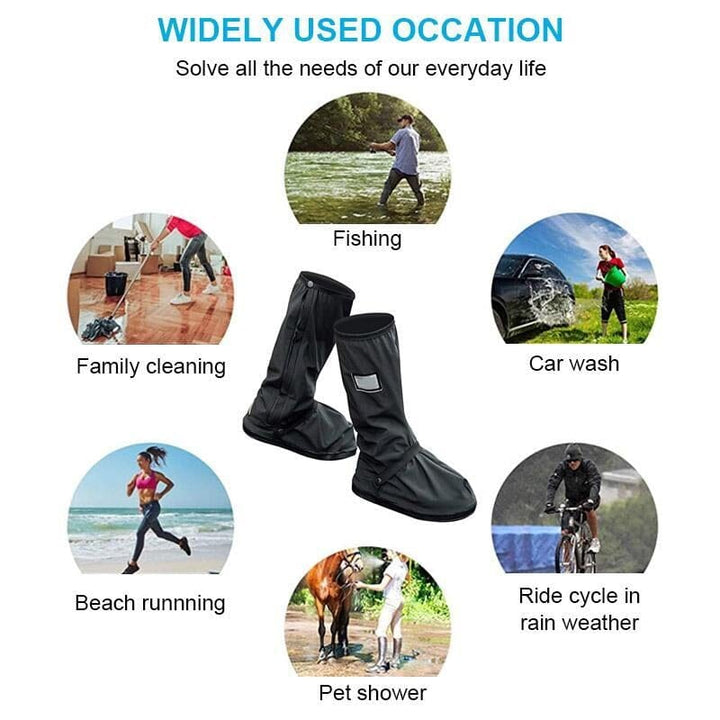 Product shot of reusable rain shoe covers in packaging, highlighting their portability and durability