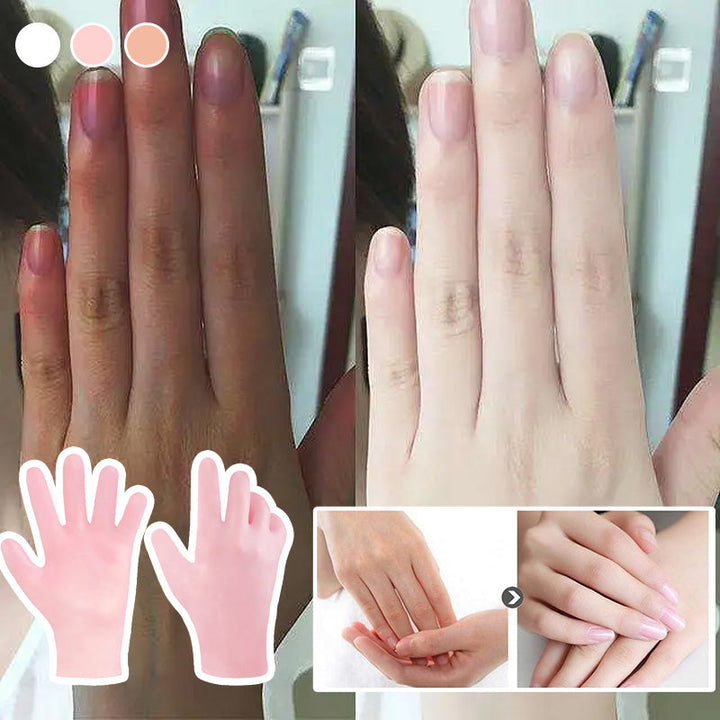 Person applying a moisturizer before putting on gel gloves for enhanced absorption.