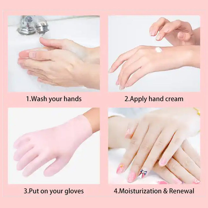 Detail shot of the textured grip on the palm of a moisturizing gel glove for daily use.