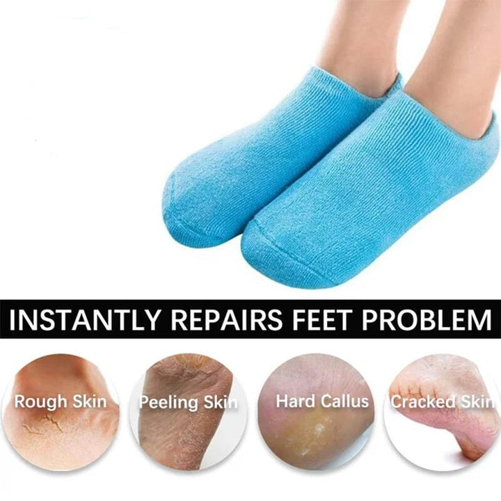 Person wearing gel-lined moisturizing socks, demonstrating comfort and foot care for soft feet.