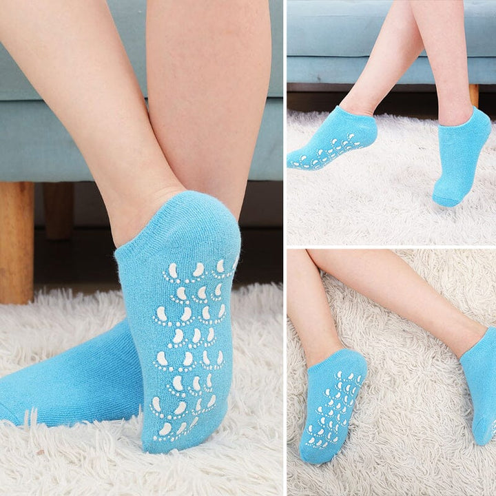 Foot wearing a single gel-lined moisturizing sock, showcasing its skin softening properties for foot care.