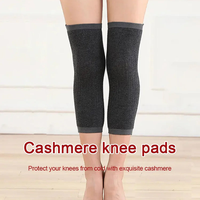 Model wearing cashmere knee warmers, demonstrating flexibility & natural fit for joint support
