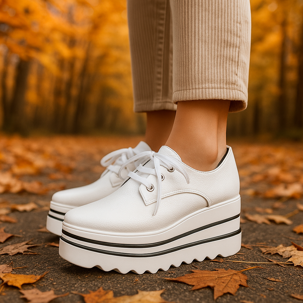 Orthopedic platform shoes for women, combining comfort and style with a lace-up pebbled design.
