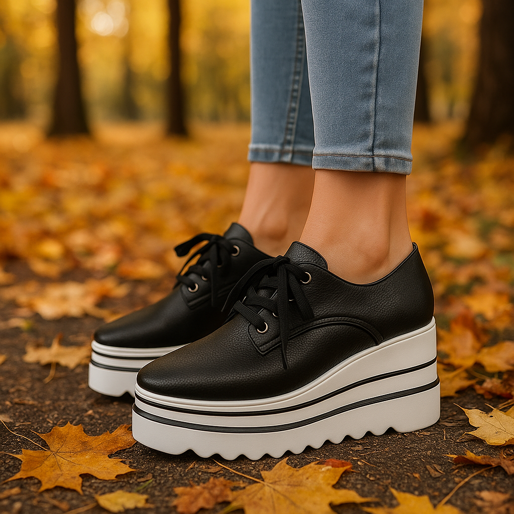 Casual women's platform footwear, showcasing a pebbled leather look and comfortable, supportive design.