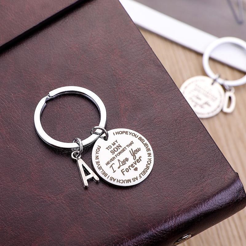 Engraved personalized initial 'S' keychain, a thoughtful and inspirational gift for son or daughter on special occasions.
