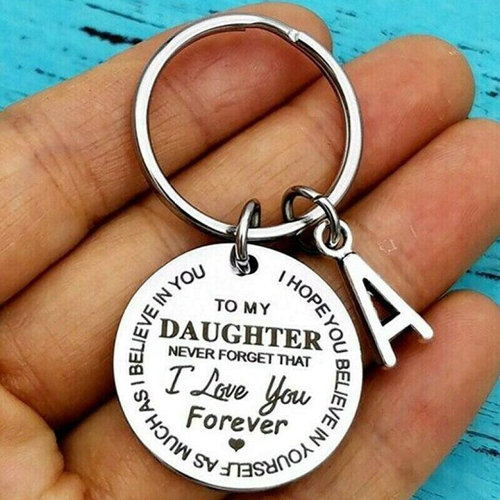 Silver-tone personalized initial 'M' keychain, a durable stainless steel accessory, great for a son or daughter.