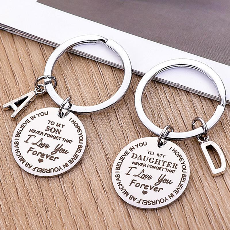 Stainless steel personalized initial 'K' keychain, a meaningful and sentimental gift for your son or daughter.