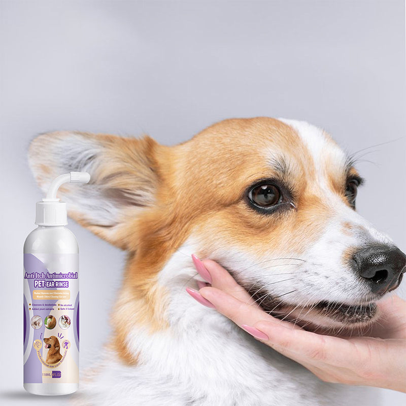Pet ear cleansing & deodorizing solution for dogs & cats, 8oz bottle with applicator tip, white label