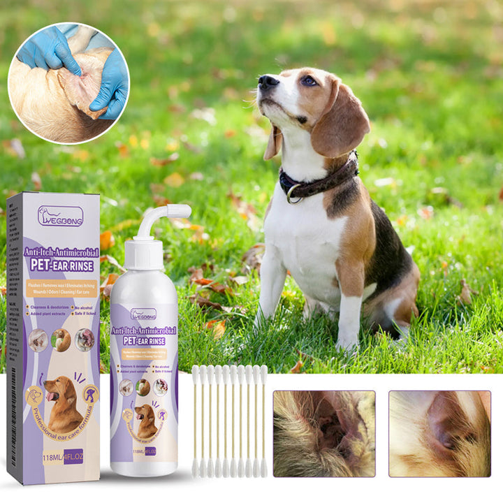 Side-by-side comparison: dirty pet ear vs. clean pet ear after using cleansing solution