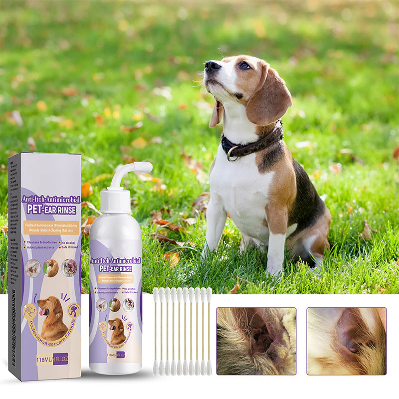 Close-up of Pet ear cleansing solution bottle, showing active ingredients for ear health in pets