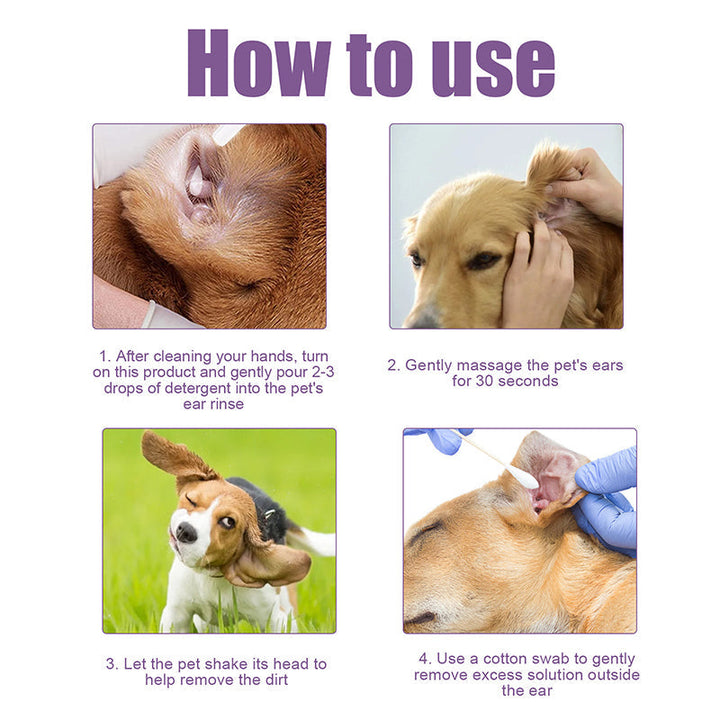 Detailed view of pet ear cleansing solution label, highlighting 'odor remover' feature for pets