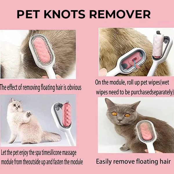 Pet hair removal comb with integrated water tank, shown in use on a short-haired cat.