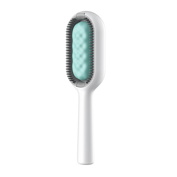 Pet massage and hair removal comb with water tank, shown alongside a happy pet.