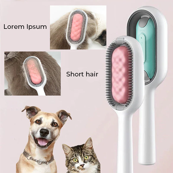 Close-up of the pet hair removal comb's silicone bristles and water spray nozzle.