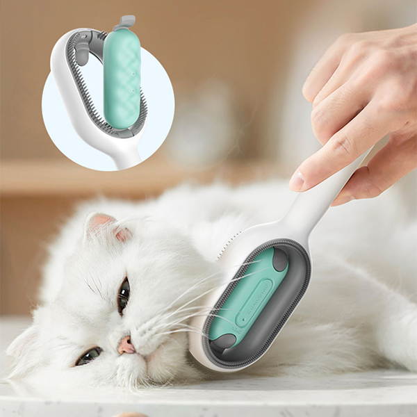 Dog grooming comb with water tank, effectively collecting shed fur from a golden retriever.