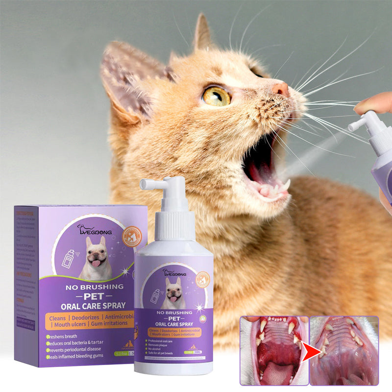 Pet oral care spray for fresh dog and cat breath, 4oz bottle with easy-spray nozzle for dental hygiene.