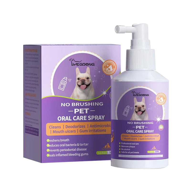 Pet owner easily applying oral care spray to a dog's mouth, for quick fresh breath and dental care.