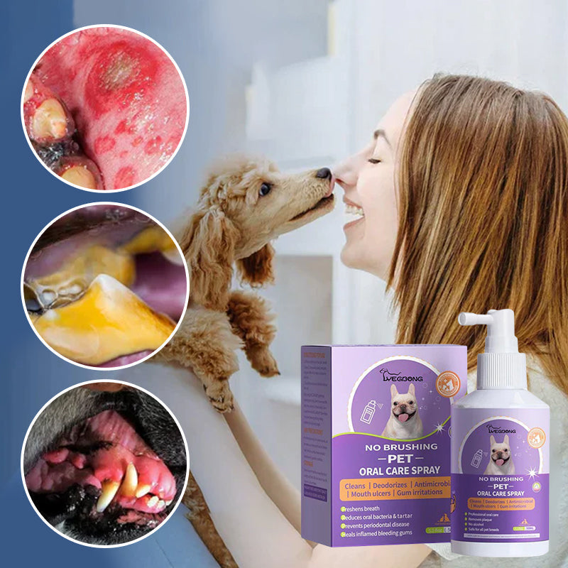 Comparison image: Before & after using pet oral care spray, showing improved fresh breath in pets.