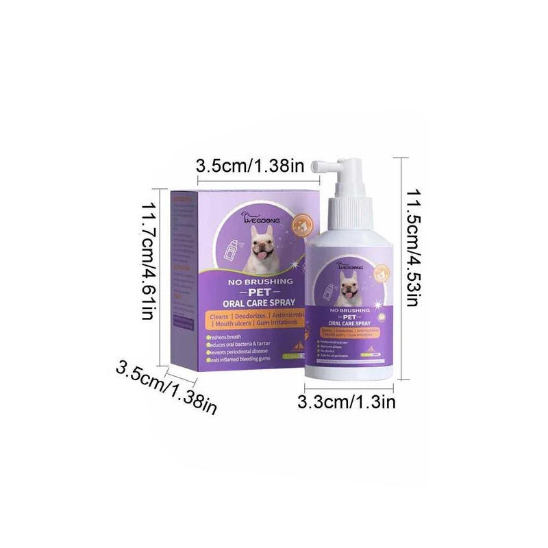 Pet oral care spray for dogs & cats, 125ml bottle, on a bathroom counter, for daily dental hygiene routine.