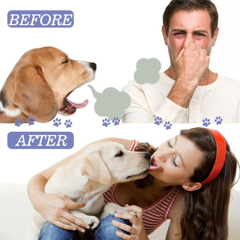 Pet oral care spray bottle next to a dog chew toy, highlighting an easy solution for fresh breath.