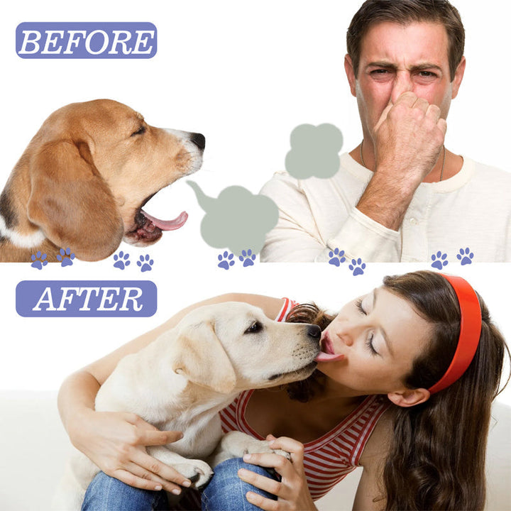 Pet oral care spray bottle next to a dog chew toy, highlighting an easy solution for fresh breath.