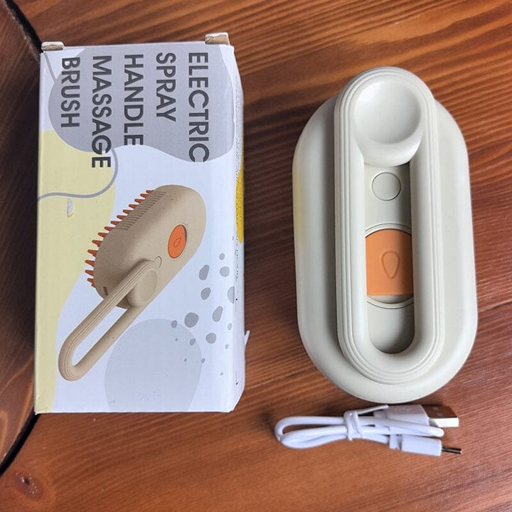 Ergonomic Pet Steam Grooming Brush held by hand, demonstrating comfortable grip for pet owners