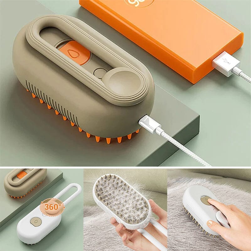 Packaging of Pet Steam Grooming Brush, indicating pet supplies and easy instructions included