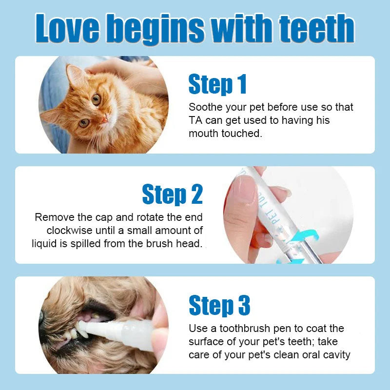 Illustration showing how to use the pet toothbrush pen for optimal plaque removal in pets.